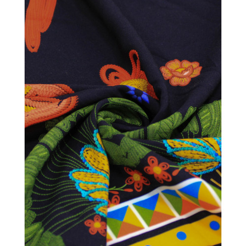 Tecido Viscose Premium Barrado Colorido, Pássaros e Flores Colorido e Preo