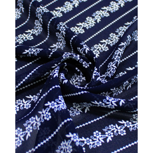Tecido Crepe Chiffon Grosso Micro Flores em Listras Branco e Preto
