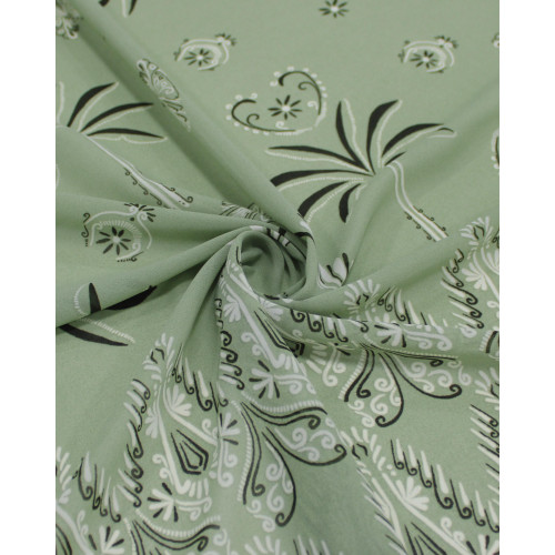 Tecido Crepe Chiffon Grosso Barrado Duplo Arabescos e Palmeiras Creme e Tons de Verde