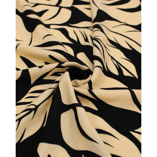 Tecido Viscose Macro Folhas Creme e Preto