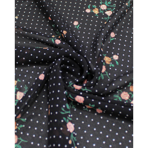 Tecido Crepe chiffon Grosso Micro Poá e Rosas Branco, Colorido e Preto