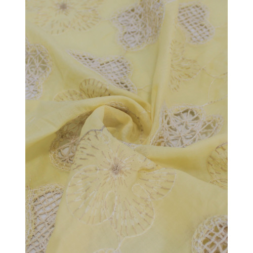 Tecido Cambraia Bordada Campo Floral Bege e Amarelo Manteiga