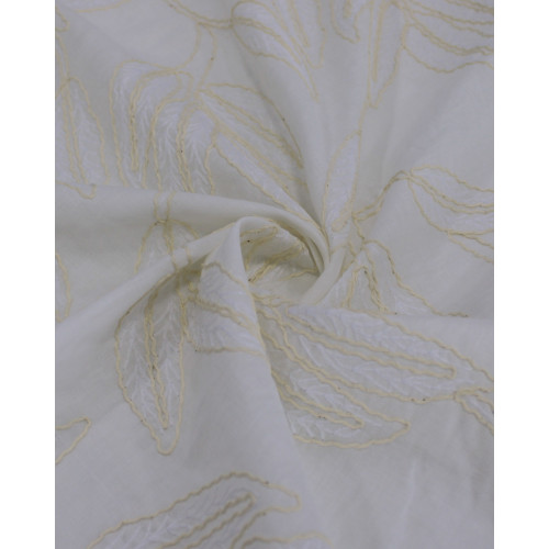 Tecido Cambraia Bordada Ramos de Folhas Branco e Offwhite