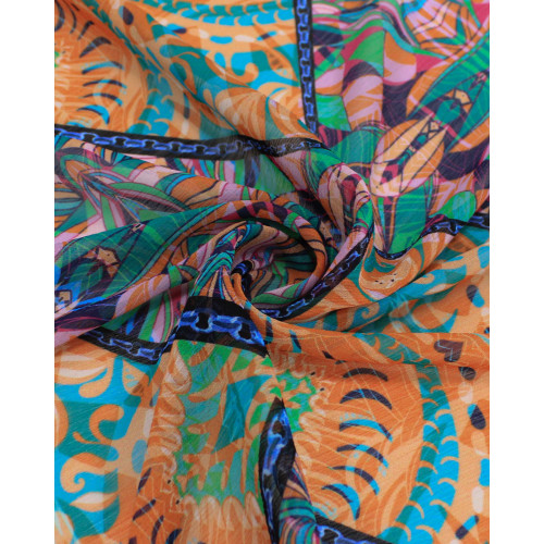 Tecido Crepe Chiffon Texturizado Italiano Multi Estampas em Recortes Colorido e Laranja
