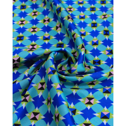 Tecido Crepe Silk Italiano Micro Estampa Geométrica Colorido e Tons de Azul