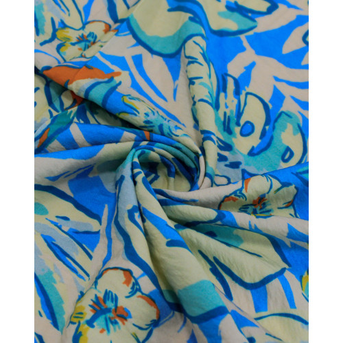 Tecido Viscose Mista Italiano Campo de Folhas Colorido e Azul (Com Leves Defeitos)