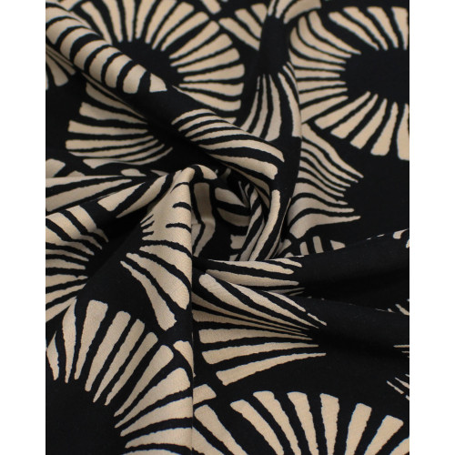 Tecido Viscose Italiano Círculos em Listras Bege e Preto