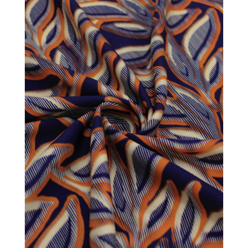 Tecido Viscose Italiano Barrado Macro Ramos Creme, Laranja e Azul Marinho