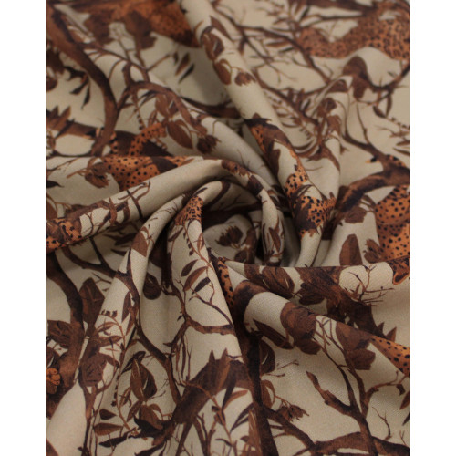 Tecido Viscose Italiano Leopardos em Galhos Laranja, Marrom e Bege