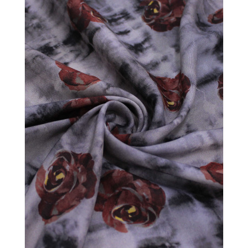 Tecido Viscose Italiano Tapete Floral em Tie De Vermelho e Tons de Cinza