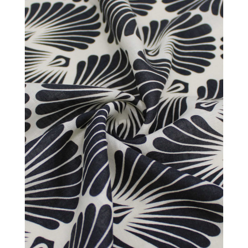 Tecido Linho Puro Italiano Conchas Preto e Offwhite