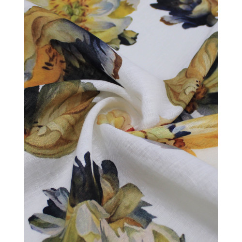 Tecido Linho Puro Italiano Tapete Macro Floral Colorido e Branco