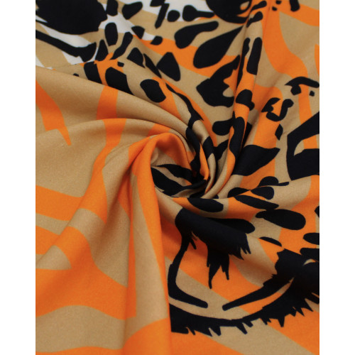 Tecido Viscose Italiano Macro Onças e Animal Print em Listras Preto, Laranja e Bege