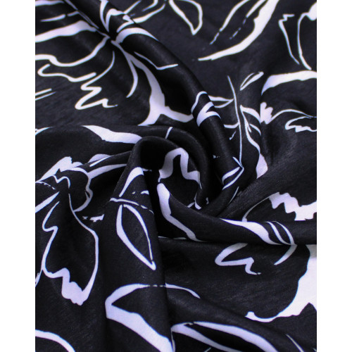 Tecido Crepe Silk Italiano Rascunho Floral Branco e Preto