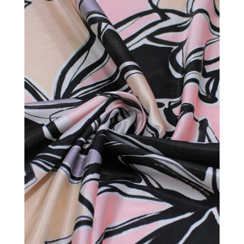Tecido Crepe Silk Italiano Desenho Abstrato Floral Rosa, Preto e Pêssego
