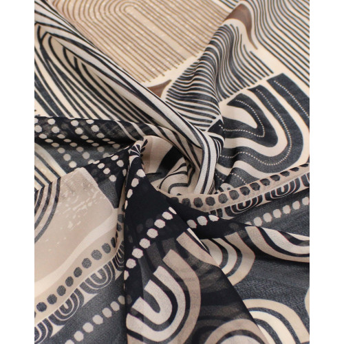Tecido Crepe Chiffon Italiano Barrado Duplo Estampa geométrica em Listras Preto e Bege
