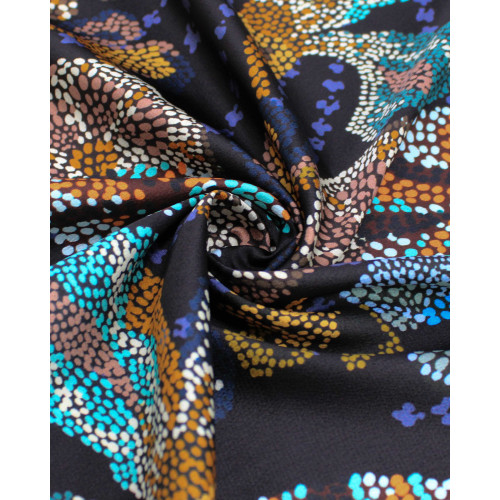 Tecido Crepe Silk Italiano Cashmere Floral em Pingos Coloridos e Preto