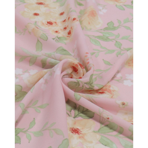 Tecido Crepe Koshibo Leve Campo Floral Bege Claro e Rosa Bebê