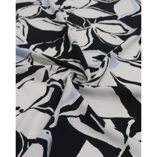 Tecido Viscose Italiano Macro Tapete Floral Azul, Branco e Preto