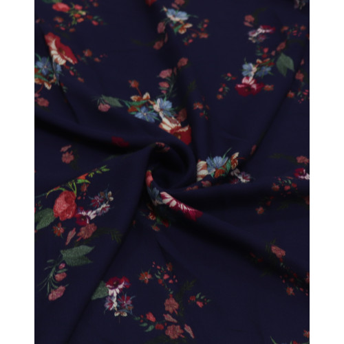 Tecido Viscose Texturizada Buquê Floral Colorido e Azul Marinho