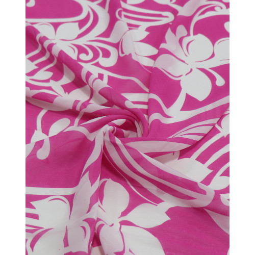 Tecido Crepe Chiffon Arabesco Floral Branco e Rosa