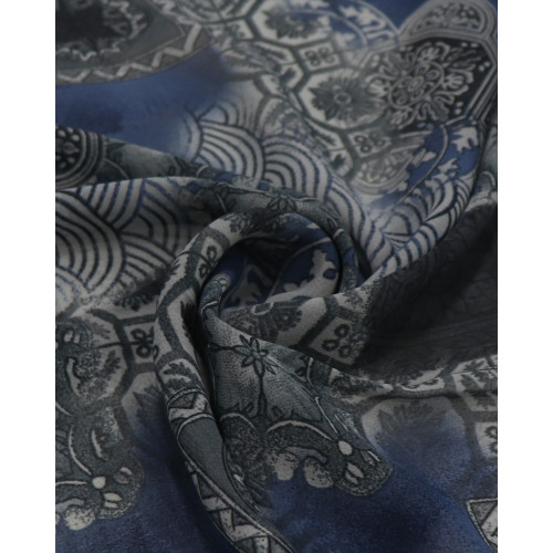 Tecido Crepe Chiffon Estampa Étnica Cinza e Azul