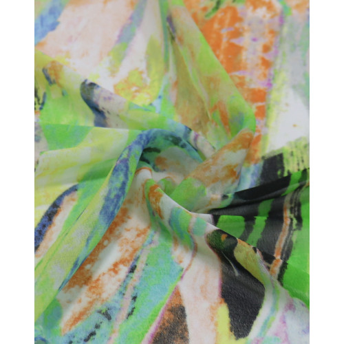 Tecido Crepe Chiffon Pinceladas Abstratas Laranja e Verde