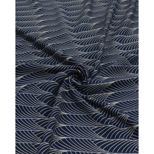 Tecido Viscose Linhas Curvas Creme e Azul Petróleo