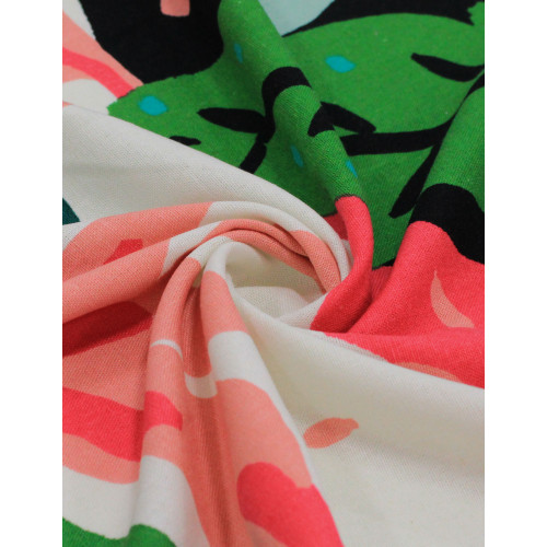 Tecido Linho Misto Estampado Macro Folhas Abstratas Verde, Rosa e Preto