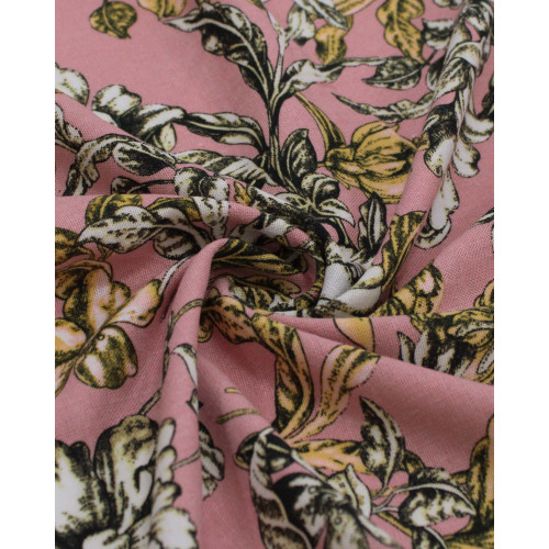 Tecido Linho Misto Estampado Ramos Florais Brando, Dourado e Rosé 