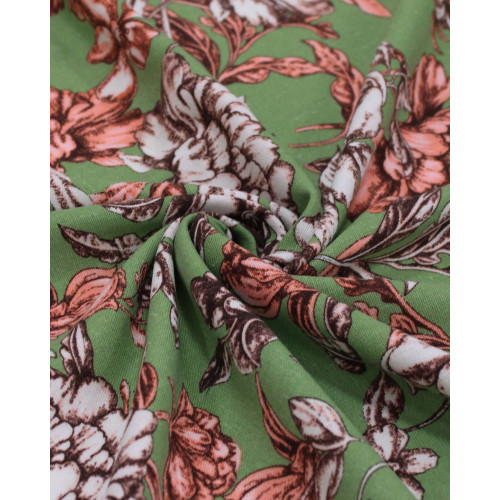 Tecido Linho Misto Estampado Ramos Florais Coral, Bege e Verde