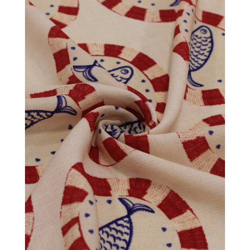 Tecido Viscose Premium Sardine em Círculos Azul, Vermelho e Bege