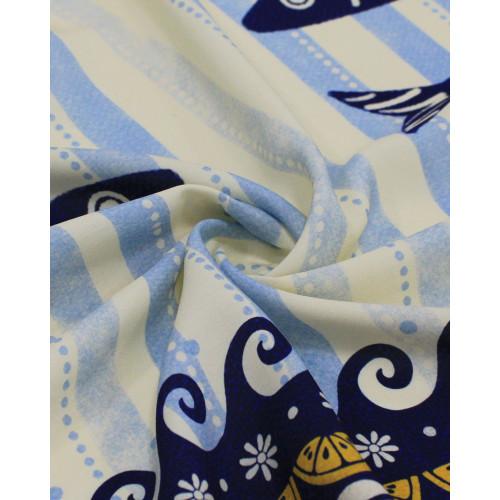 Tecido Viscose Premium Barrado Sardines Estampadas e Listras Verticais Tons de Azul e Creme