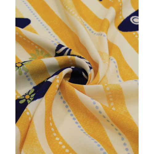 Tecido Viscose Premium Barrado Sardines Estampadas e Listras Verticais Azul, Amarelo e Creme