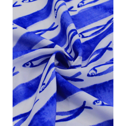 Tecido Viscose Premium Sardines em Listras Irregulares Branco e Azul