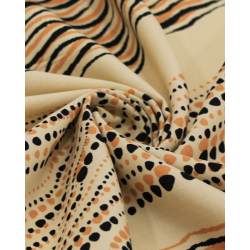 Tecido Viscose Listrado Irregular Pontilhado Preto, Argila e Creme