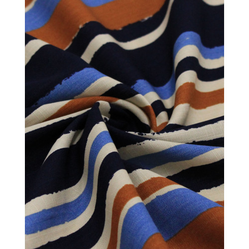 Tecido Viscose Texturizada Multi Listras Bege, Caramelo e Tons de Azul