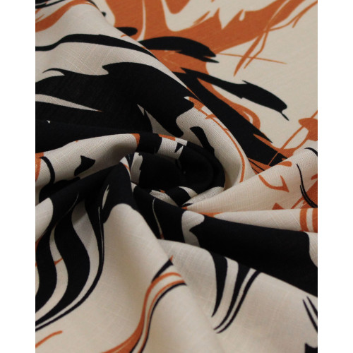 Tecido Viscose Texturizada Pintura Abstrata Terracota, Preto e Bege
