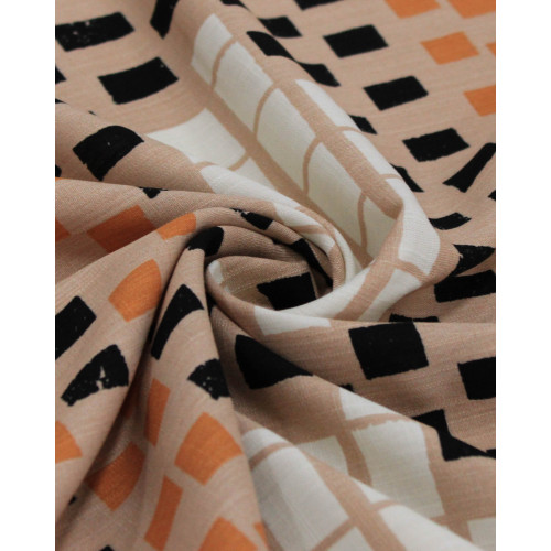 Tecido Viscose Texturizada Listras Geométricas Preto, Laranja e Nude