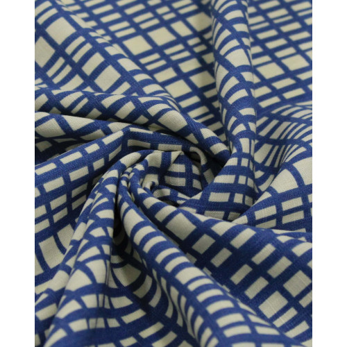 Tecido Viscose Texturizada Quadriculados Irregulares Azul e Creme