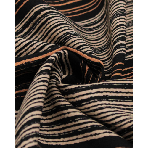 Tecido Viscose Texturizada Listras Bege, Laranja e Preto