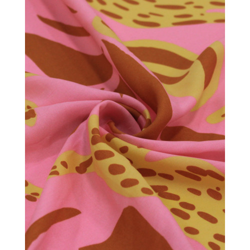 Tecido Viscose Onças Absrata Amarelo, Marrom e Rosa