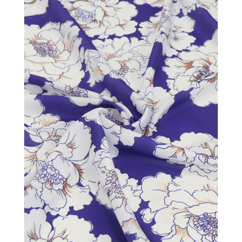 Tecido Crepe Silk Macro Flores Branco e Violeta