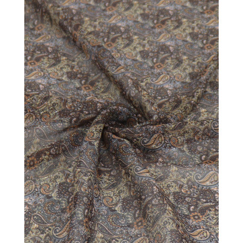 Tecido Crepe Chiffon Texturizado Italiano com Lurex Micro Paisley Dourado e Marrom