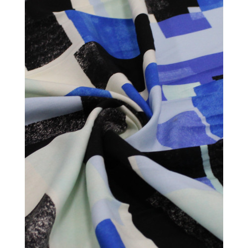 Tecido Viscose Estampa Geométrica Preto, Tons de Azul e Offwhite