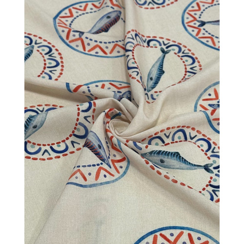 Tecido Viscose Premium Sardine em Círculos Vermelho, Azul e Lichia