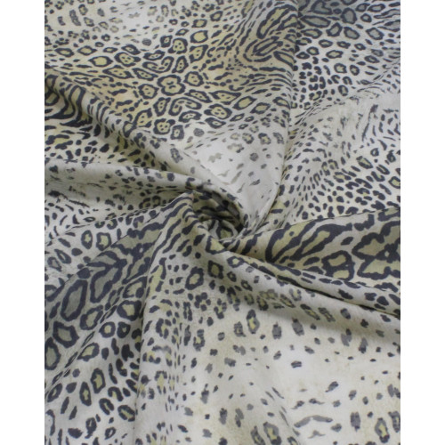 Tecido Crepe de Seda Mista Animal Print em Barras Cinza e Amarelo