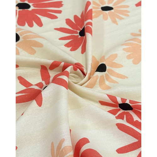 Tecido Linho Misto Tapete Floral Salmão, Coral e Creme