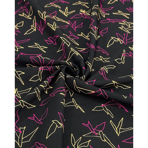 Tecido Crepe de Viscose Pássaros Abstratos Pêssego, Rosa e Preto