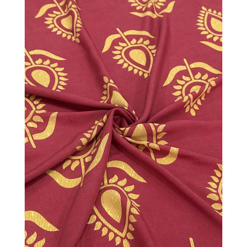 Tecido Viscose Barrado Floral Vintage Dourado e Vermelho